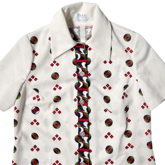 70s vintage abstract pattern blouse short sleeve pointed collar geometric print. - Picture 2 of 6